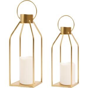 Modern Farmhouse Gold Lantern Decor Set w/ Timer LED Candles Indoor Outdoor